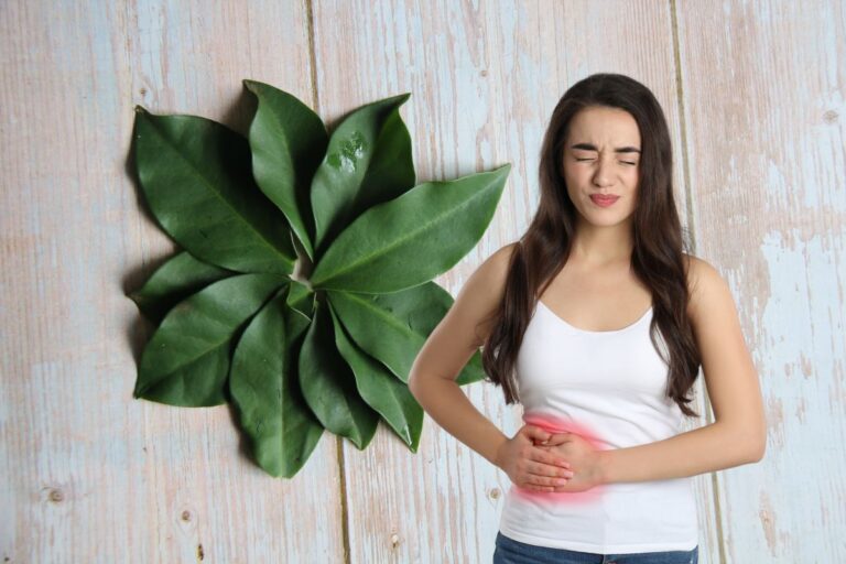 Folhas de ora-pro-nóbis e mulher sentindo dores na região do fígado.