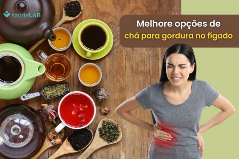 Chá para gordura no fígado: melhores opções, cuidados e mitos 1 Mulher com dor no abdômen diante de vários tipos de chá para gordura no fígado.