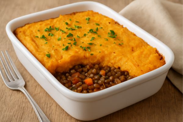Receitas saudáveis de comida vegetariana reconfortante para todas as horas do dia 2 Escondidinho de lentilha com purê de batata-doce.