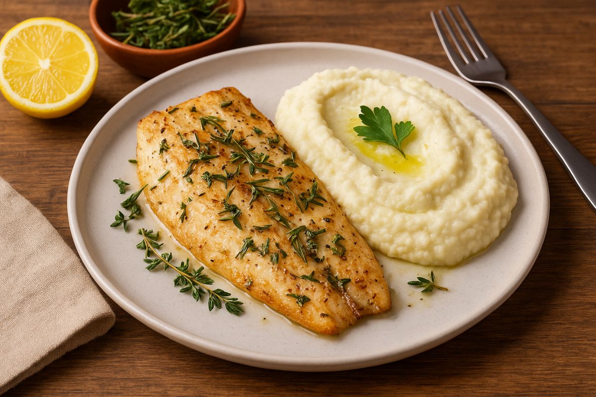 Peixe assado com ervas e purê de couve-flor: combinação deliciosa e cheia de sabor 1 peixe assado com ervas e purê de couve-flor.