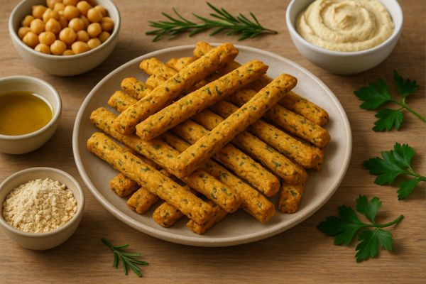 Palitinhos de grão-de-bico com ervas: o snack proteico crocante e saudável que vai te conquistar 2 Palitinhos de grão-de-bico com ervas.