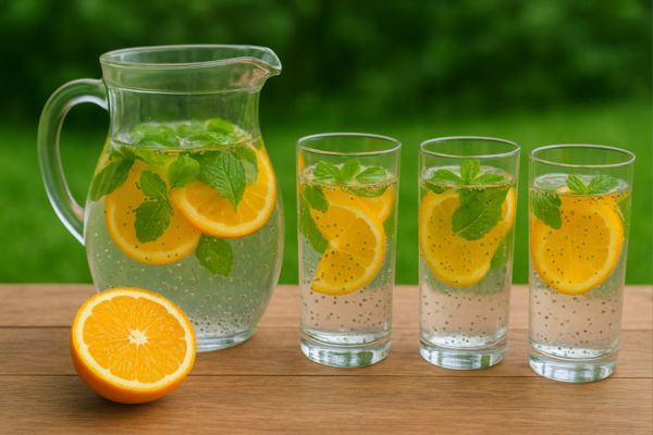 Água saborizada com laranja, hortelã e chia que hidrata e nutre ao mesmo tempo 2 água saborizada com laranja, hortelã e chia.