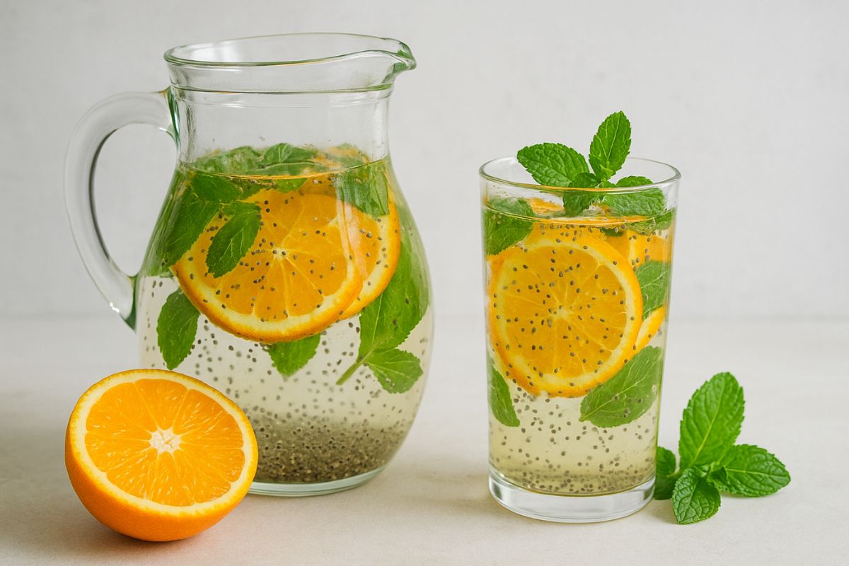 Água saborizada com laranja, hortelã e chia que hidrata e nutre ao mesmo tempo 1 água saborizada com laranja, hortelã e chia.