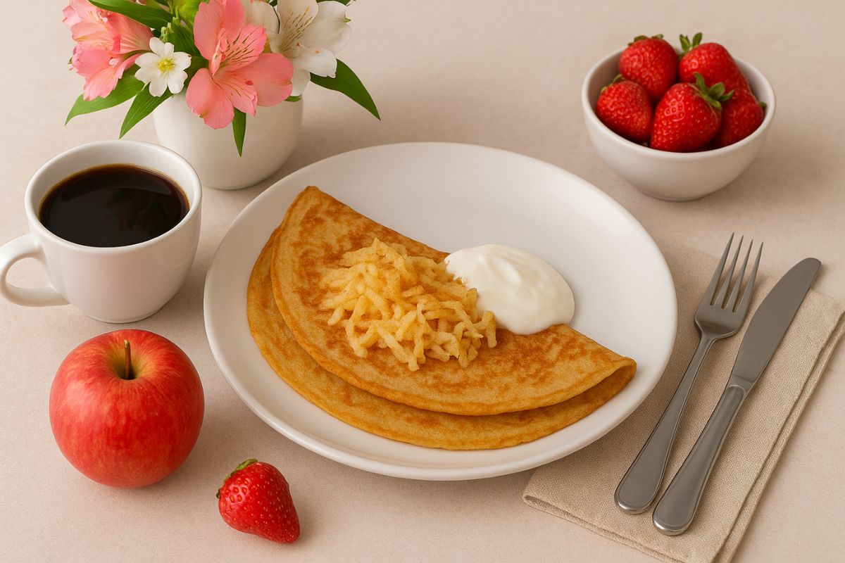 Crepioca de maçã e canela: o café da manhã saudável e cheio de sabor 1 crepioca de maçã e canela.