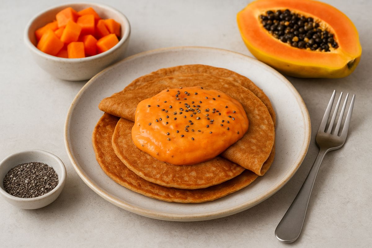 Panqueca integral doce com creme de mamão e chia: o café da manhã saudável e irresistível que vai te surpreender 1 panqueca integral doce com creme de mamão e chia.
