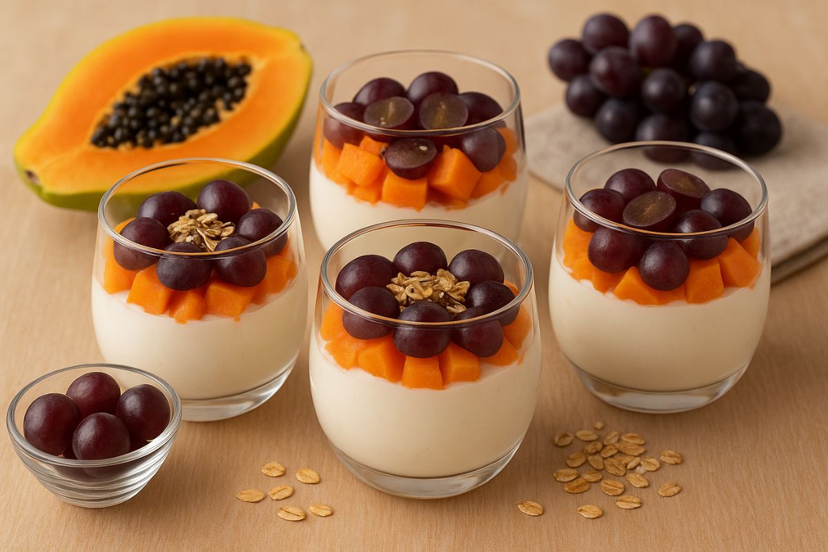Taça funcional de iogurte, mamão e uvas roxas: a sobremesa saudável e irresistível que seu corpo vai agradecer 1 taça funcional de iogurte, mamão e uvas roxas.