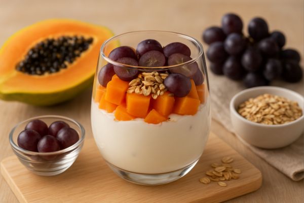 Taça funcional de iogurte, mamão e uvas roxas: a sobremesa saudável e irresistível que seu corpo vai agradecer 2 taça funcional de iogurte, mamão e uvas roxas.