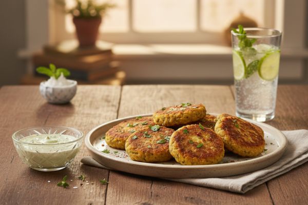 Bolinho de grão-de-bico assado com temperos naturais.