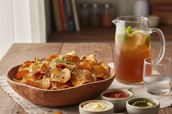 Chips de batata-doce assados com ervas.