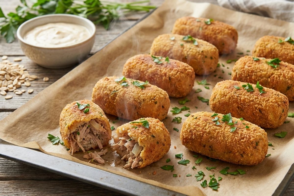 Croquete de pernil desfiado ao forno.