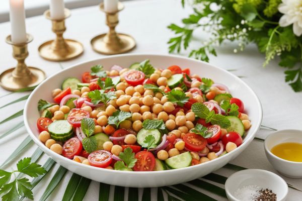 Salada colorida de grão-de-bico com legumes e ervas frescas.