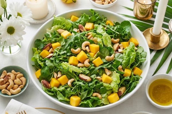 Salada refrescante de folhas verdes com manga e castanhas.
