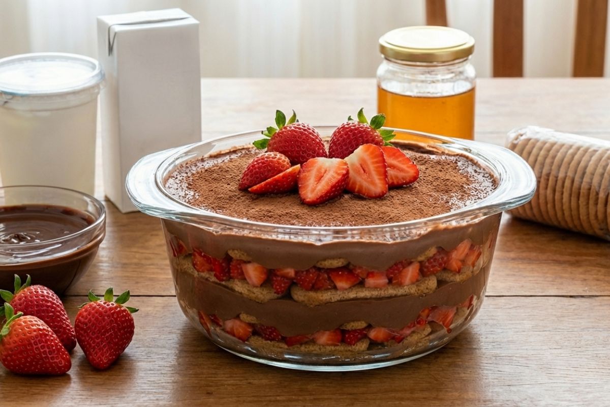 Pavê de morango e chocolate saudável: a sobremesa fácil, cremosa e perfeita 1 pavê de morango e chocolate.