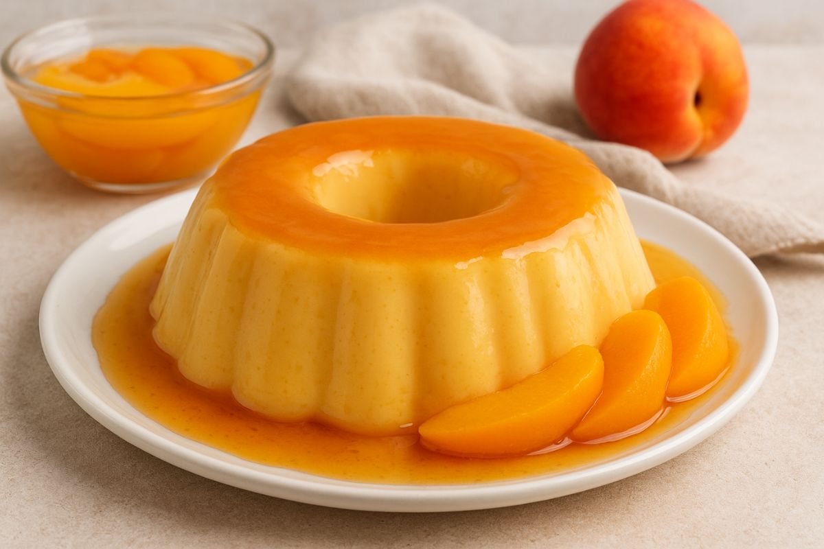 Essa receita de pudim de pêssego é saborosa e muito fácil de fazer; confira 1 pudim de pêssego.