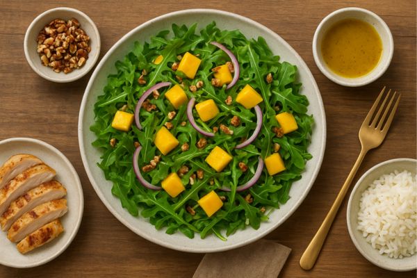 salada de rúcula com manga.