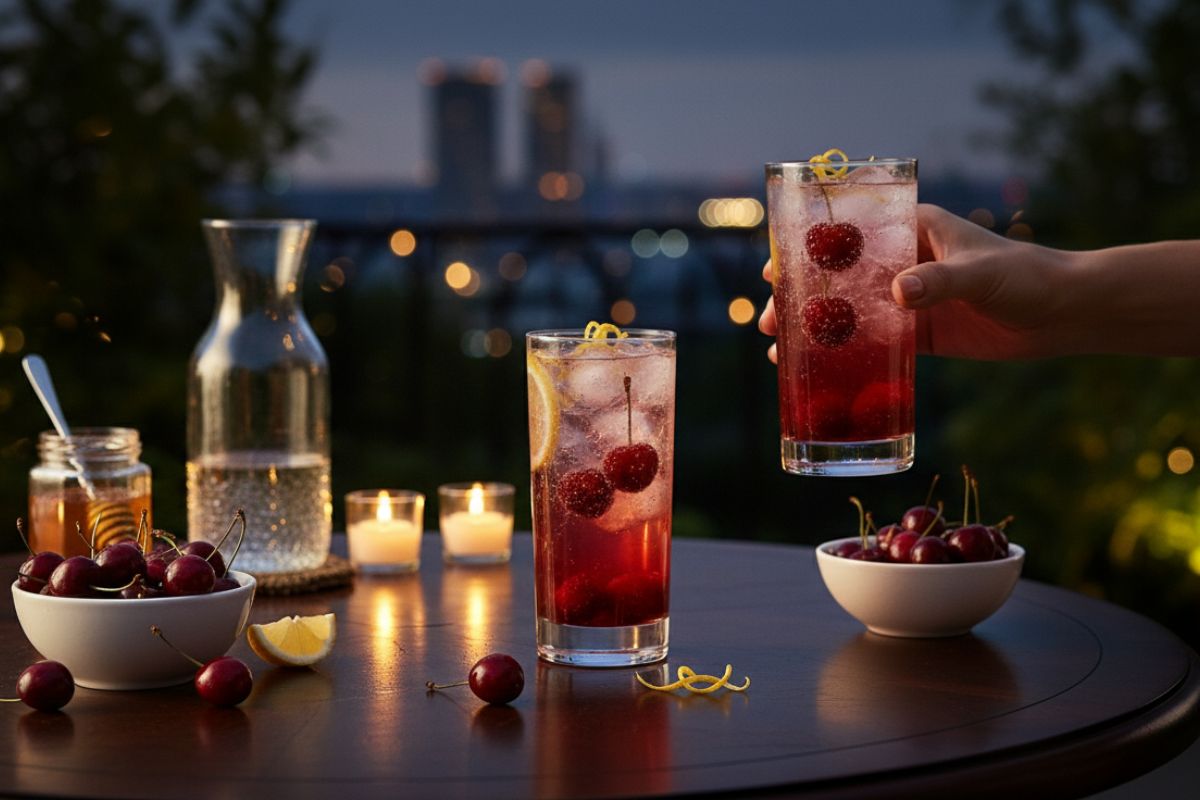 Spritz de cereja e limão refrescante e saudável: pronto em minutos e cheio de sabor 1 spritz de cereja e limão.