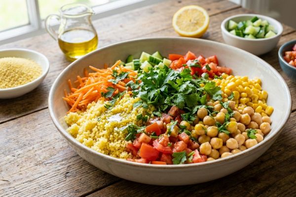 salada de cuscuz com legumes e grãos.