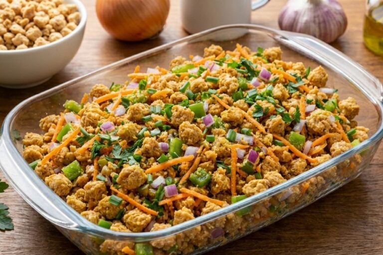 Farofa com carne de soja.