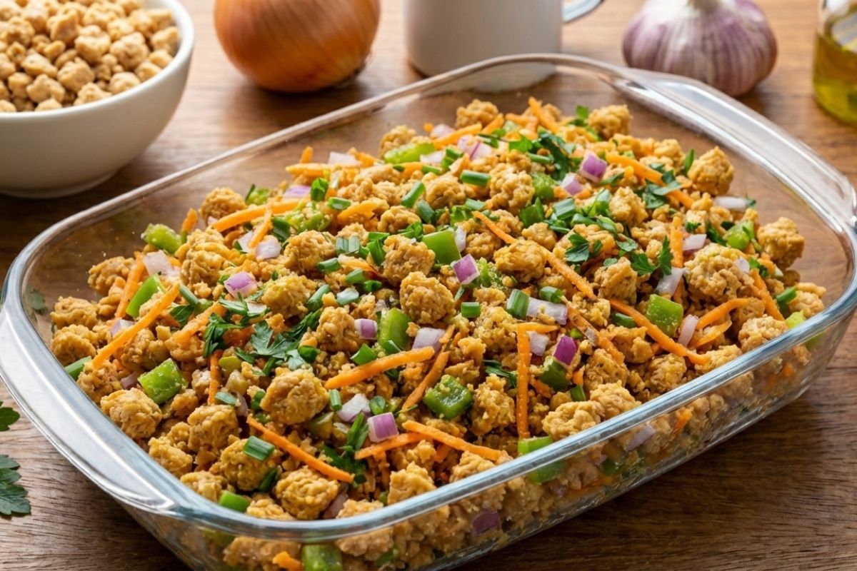 Farofa com carne de soja leve e caseira para o dia a dia 1 Farofa com carne de soja.