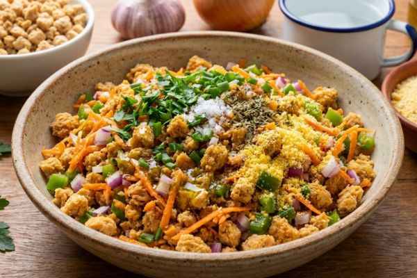 Farofa com carne de soja leve e caseira para o dia a dia 2 Farofa com carne de soja.