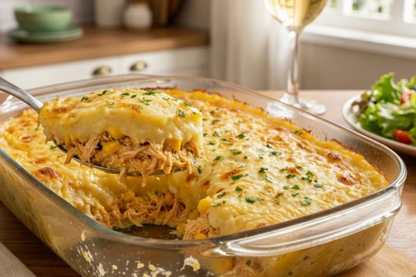 escondidinho de baroa com frango cremoso.