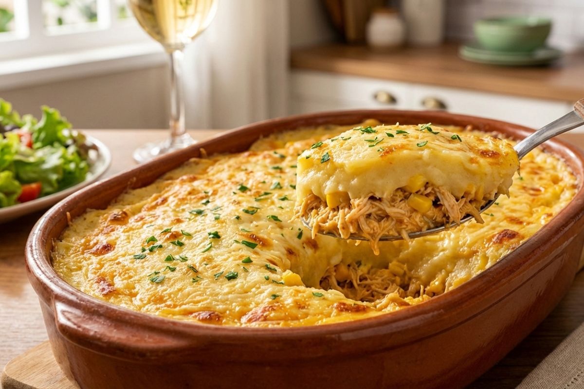 escondidinho de baroa com frango cremoso.