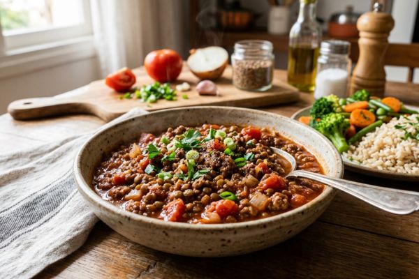 3 opções de carne em molho perfeitas para marmitas saudáveis 2 Carne moída com lentilha em molho de tomate