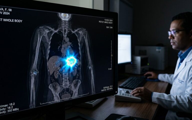 Tumor “acende” no exame? Nova técnica pode acelerar escolha do tratamento 3 Diagnóstico de câncer com PET scan - Imagem ilustrativa (simulação de exame PET scan) - SaúdeLab