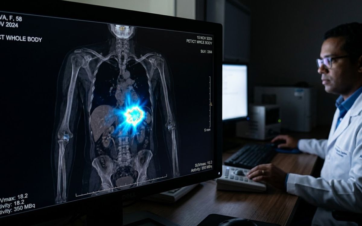 Diagnóstico de câncer com PET scan - Imagem ilustrativa (simulação de exame PET scan) - SaúdeLab