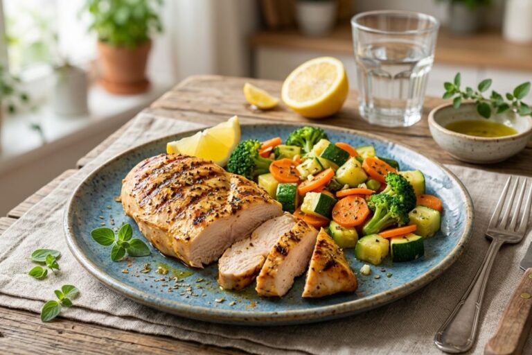 Jantar leve com frango e legumes.