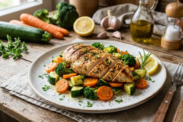 Jantar leve com frango e legumes que ajuda a manter a glicose estável 2 Jantar leve com frango e legumes.