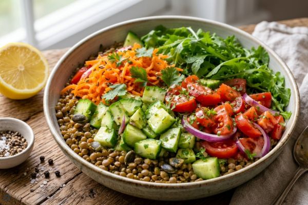 Salada nutritiva com lentilha e vegetais para refeições leves e equilibradas no dia a dia 2 Salada nutritiva rica em ferro com lentilha e vegetais.