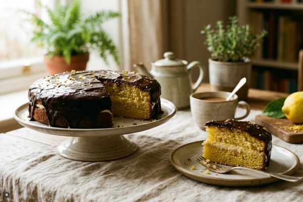 bolo de limão com cobertura de chocolate.