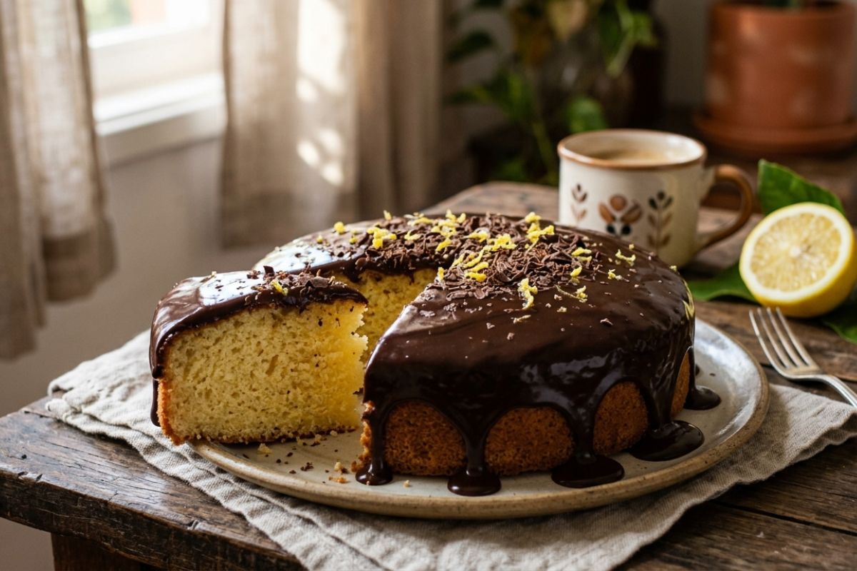 bolo de limão com cobertura de chocolate.