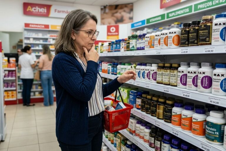Magnésio na prateleira de farmácia.