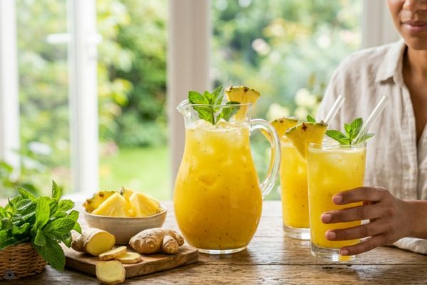 Suco anti-inflamatório com abacaxi, gengibre e hortelã: saudável e cheio de sabor 2 suco anti-inflamatório de abacaxi, gengibre e hortelã.