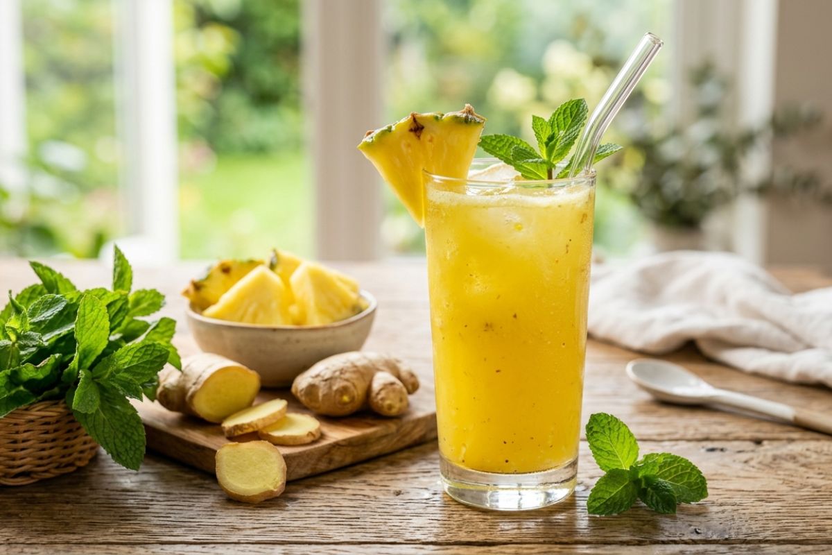 Suco anti-inflamatório com abacaxi, gengibre e hortelã: saudável e cheio de sabor 1 suco anti-inflamatório de abacaxi, gengibre e hortelã.