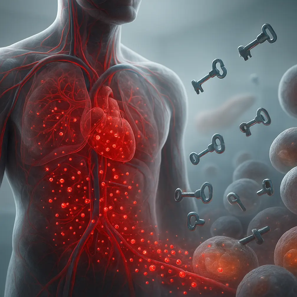 Glicose alta dá sono? Entenda por que isso acontece e quando se preocupar 2 Ilustração do corpo com glicose alta e insulina, mostrando células sem energia