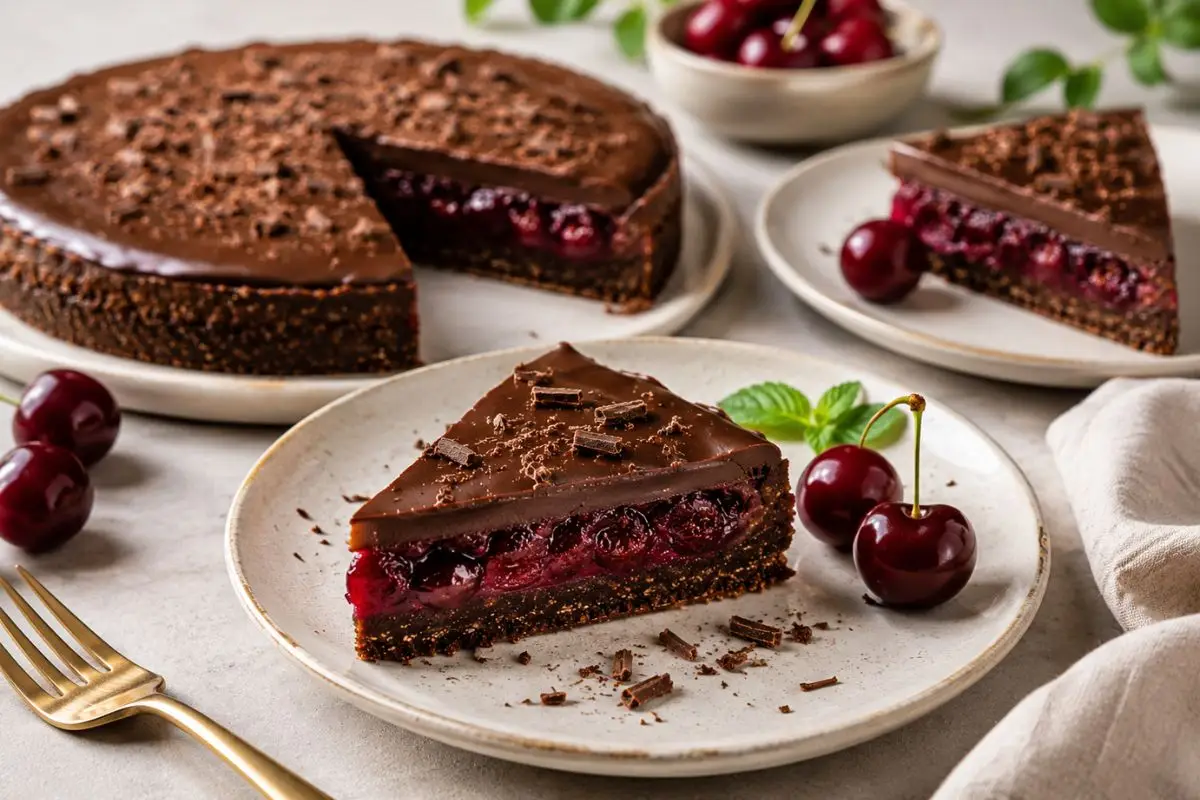 Torta de cereja com chocolate fit: sobremesa saudável, cremosa e fácil de fazer 1 torta de cereja com chocolate fit.