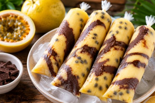 Geladinho gourmet de maracujá com chocolate: receita saudável, cremosa e perfeita para refrescar os dias quentes 2 Geladinho gourmet de maracujá com chocolate.