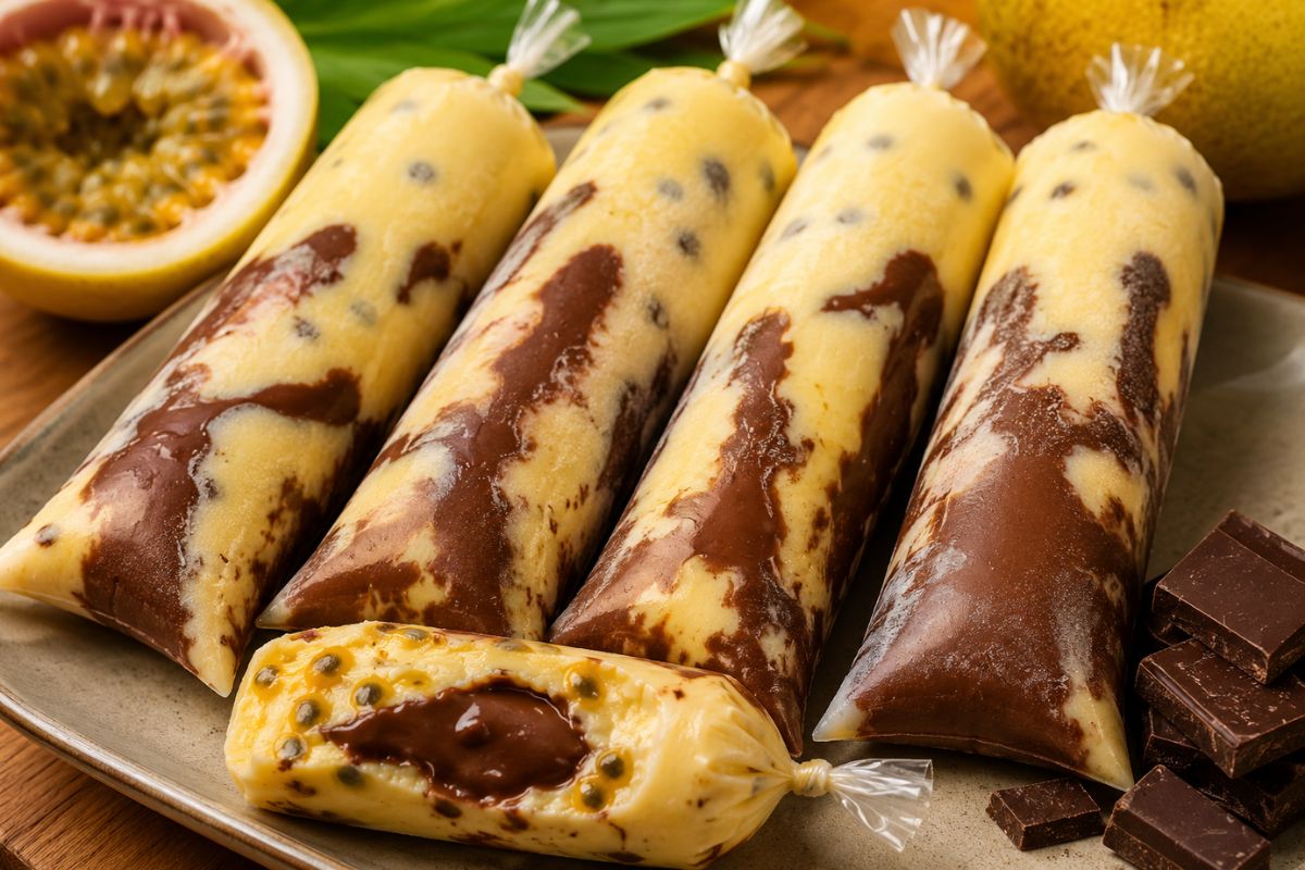 Geladinho gourmet de maracujá com chocolate.