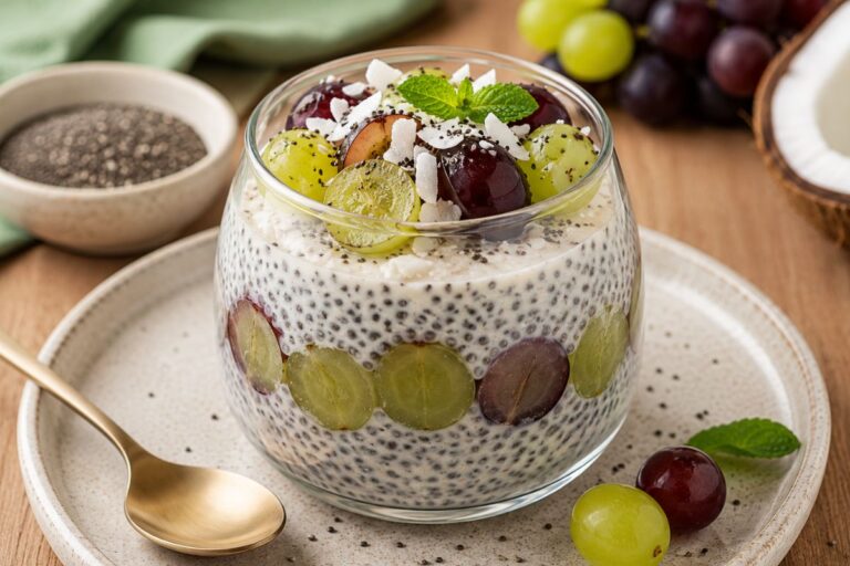 Pudim de chia com leite de coco e uvas.