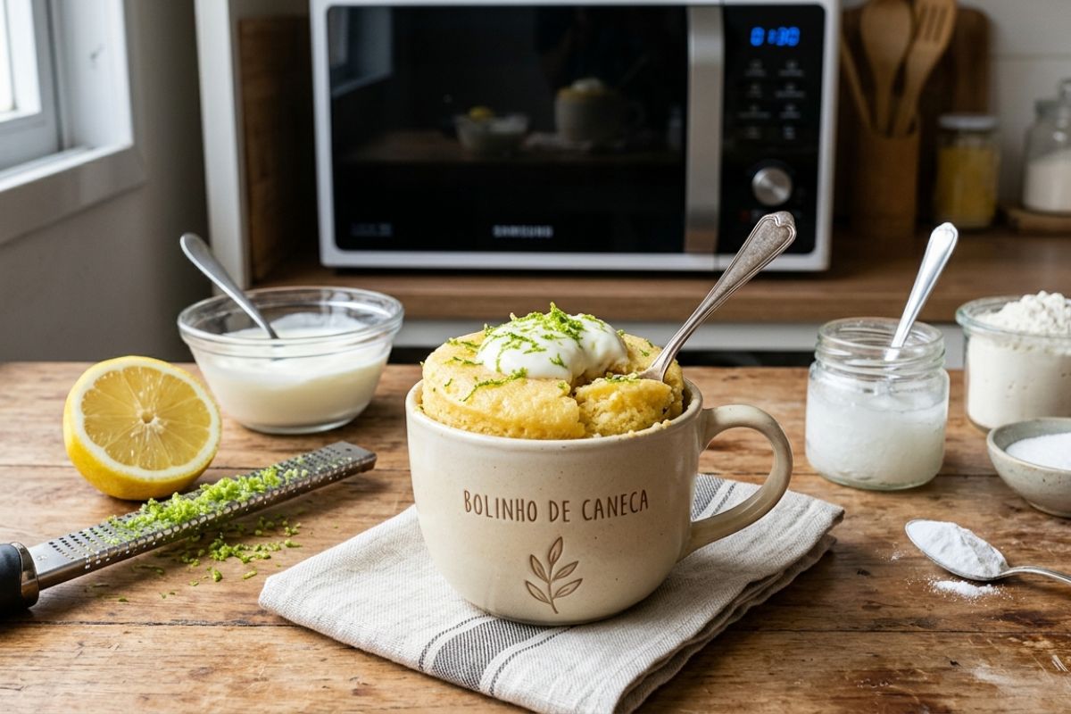 Bolo de limão com iogurte de caneca