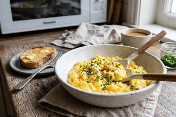 Ovos mexidos no micro-ondas: receita rápida, cremosa e saudável para o café da manhã 2 Ovos mexidos no micro-ondas.