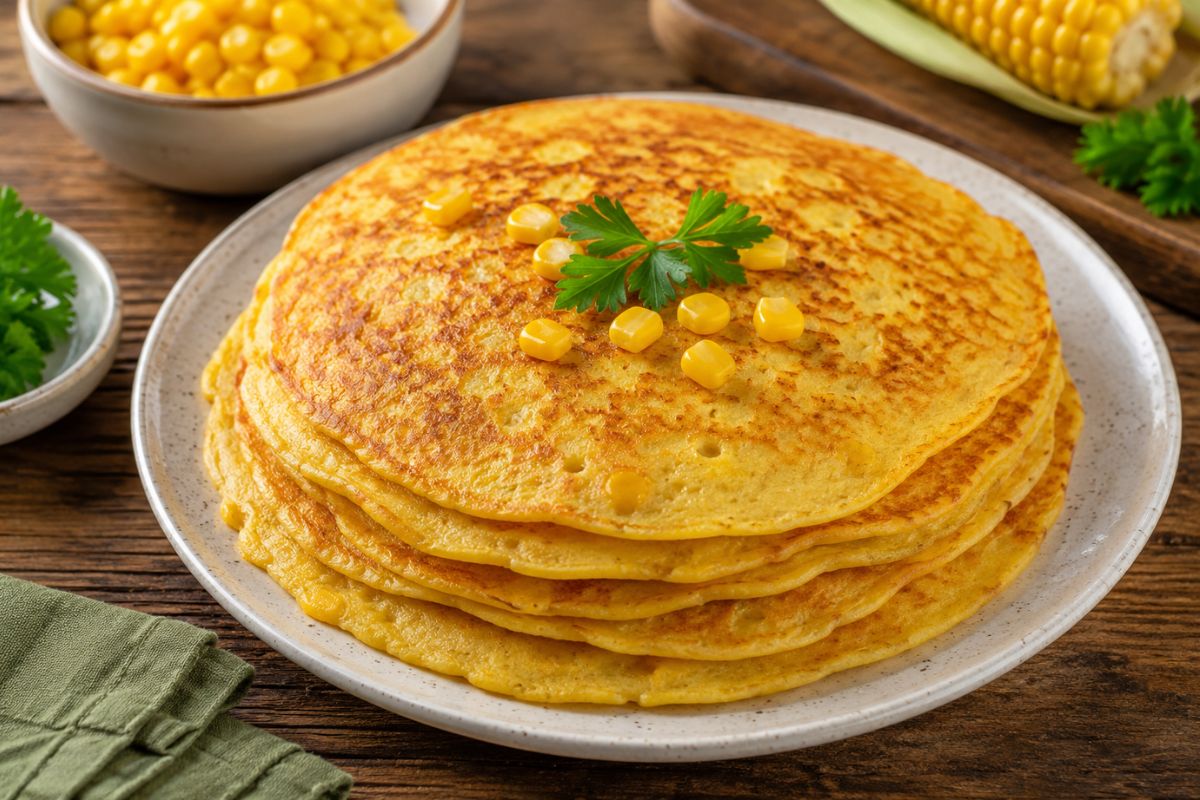 Panqueca de milho verde: a receita caseira que deixa o café da manhã muito mais gostoso 1 Panqueca de milho verde.