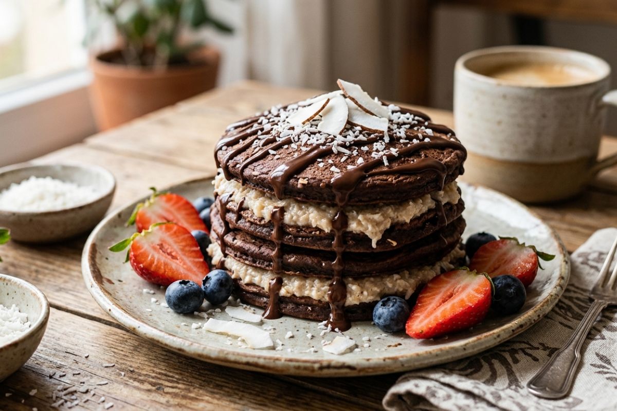 Panqueca fit de chocolate com recheio de coco: saudável e fácil 1 Panqueca fit de chocolate com recheio de coco.