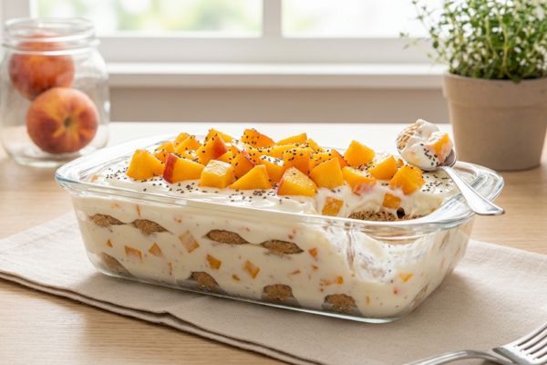 Pavê de pêssego fit: receita rápida, cremosa e sem forno 2 Pavê de pêssego fit.