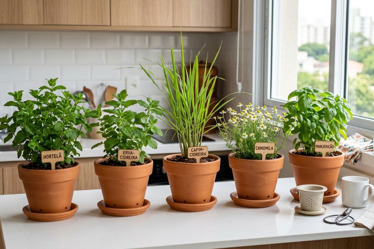 Monte um jardim de chás em casa: 5 plantas que crescem em vasos e deixam a cozinha sempre perfumada 1 jardim de chás.
