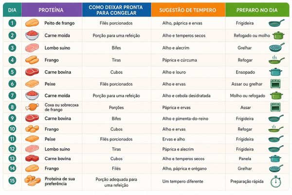 Tabela de organização de proteínas para 15 dias: como porcionar, temperar e congelar para facilitar as refeições 2 organizar as proteínas de 15 dias,