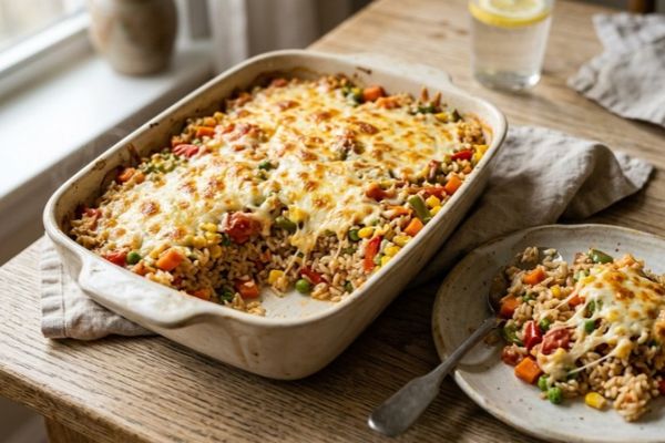 Arroz integral de forno com legumes e queijo: receita prática e saudável 2 Arroz integral de forno com legumes e queijo.